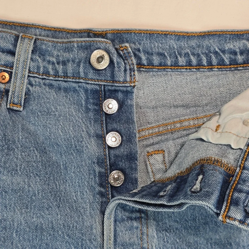 Levis 501 Skinny Jeans Mens 32x30 Blue Distressed Button Fly Raw Hem 29502-0203